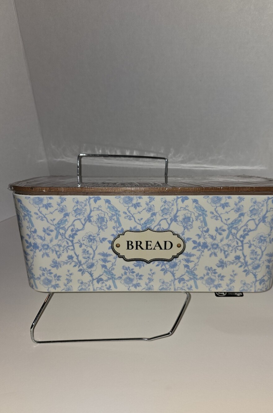 Blue Floral Bread Box with Wooden Lid